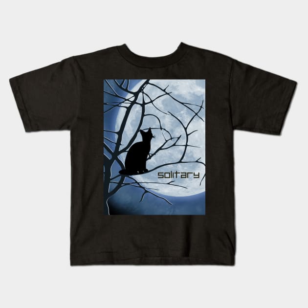 Solitary Black Cat Stares At A Full Moon Kids T-Shirt by 2HivelysArt